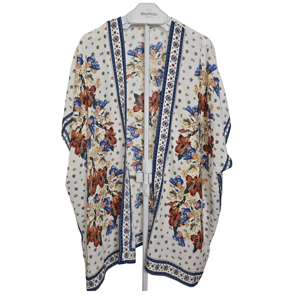 Max Studio London Floral Kimono‎ M Coastal Boho Resort Coverup Border Print